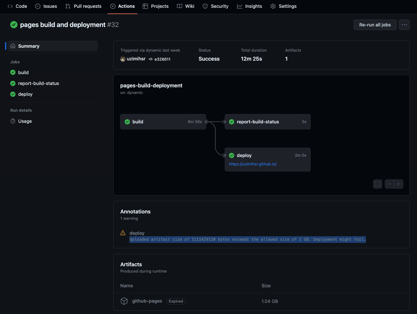 GitHub Pagesのビルド画面(これはたまたま成功したやつ)