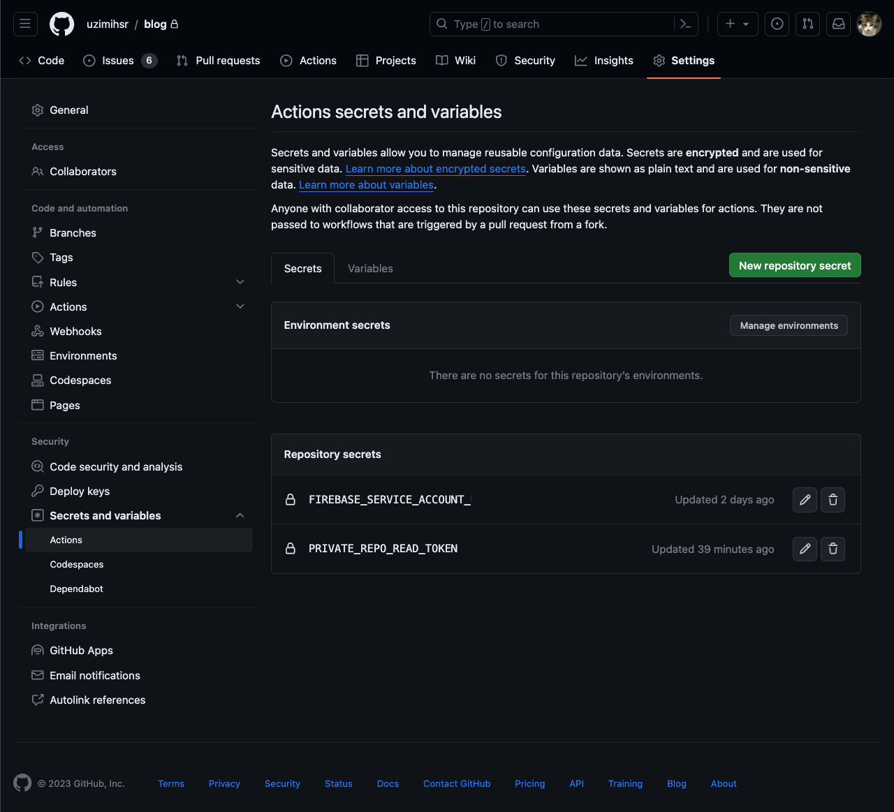 PATをActions Secretsとして保存
